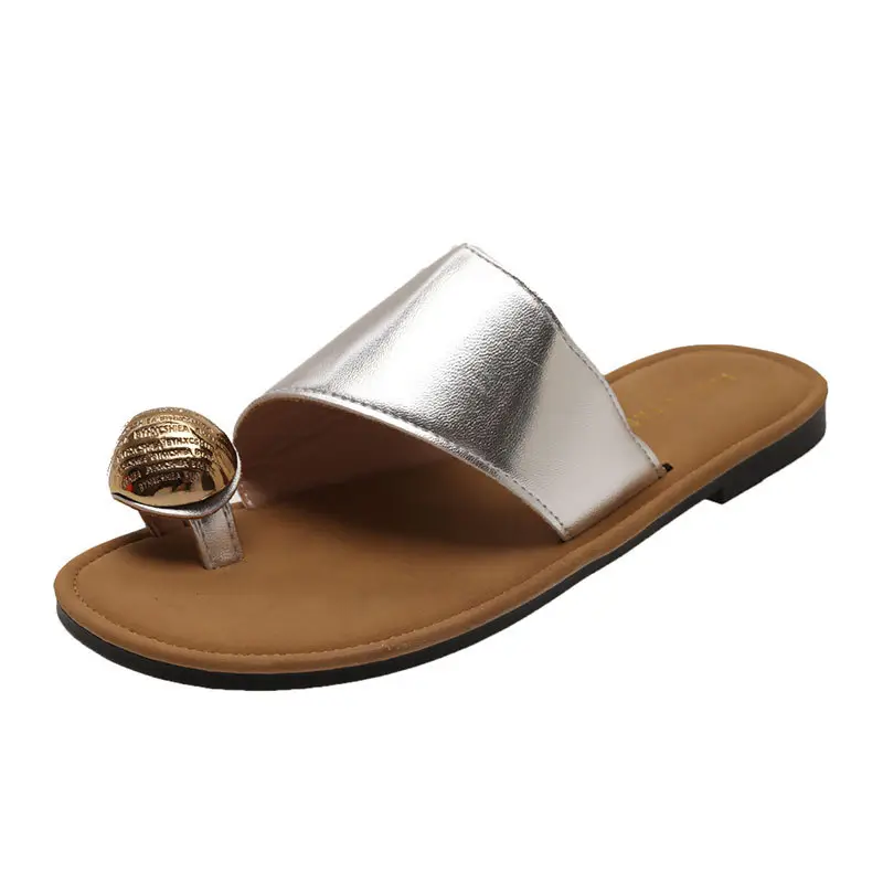 Women's White Leather Slip-On Sandals with Metal Buckles