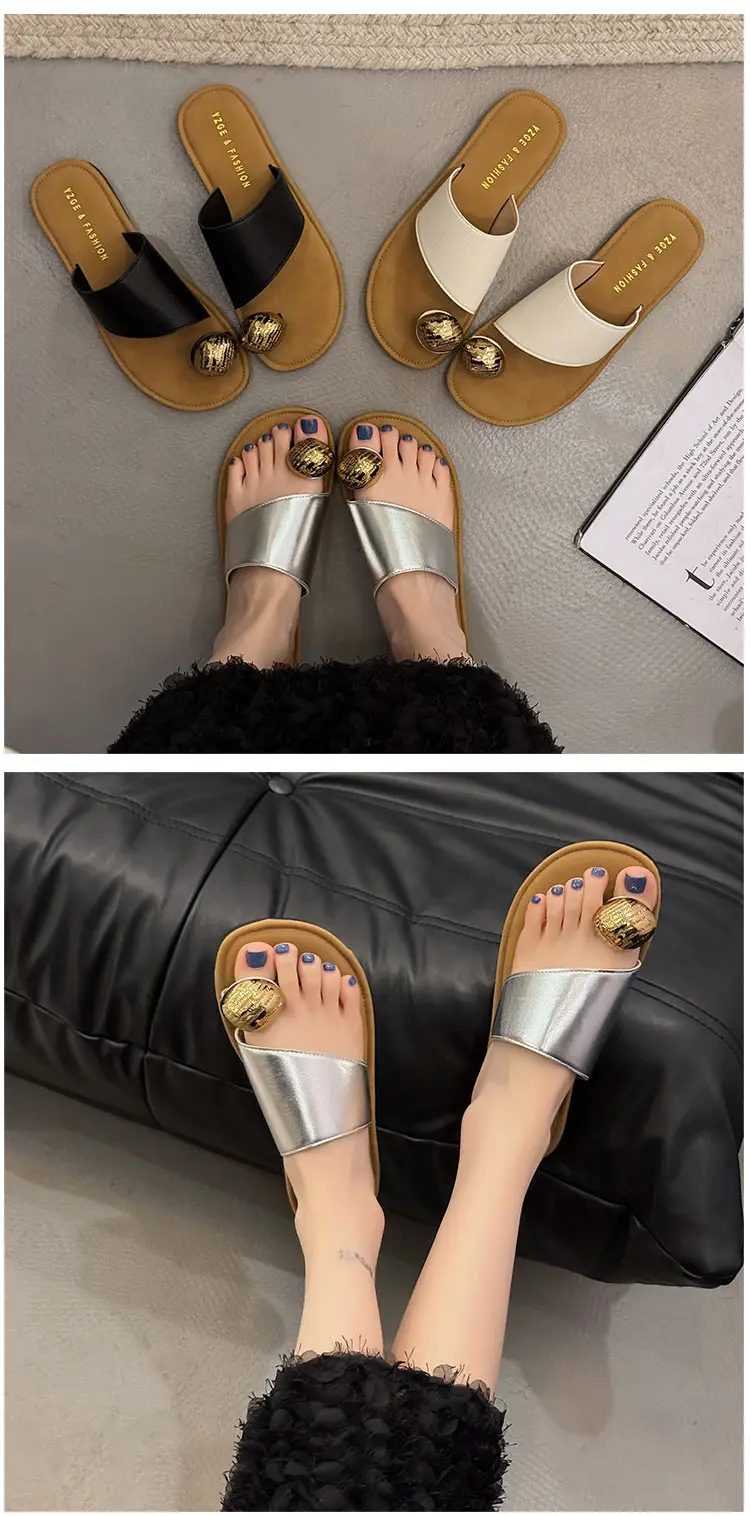 Women's White Leather Slip-On Sandals with Metal Buckles — feature 15