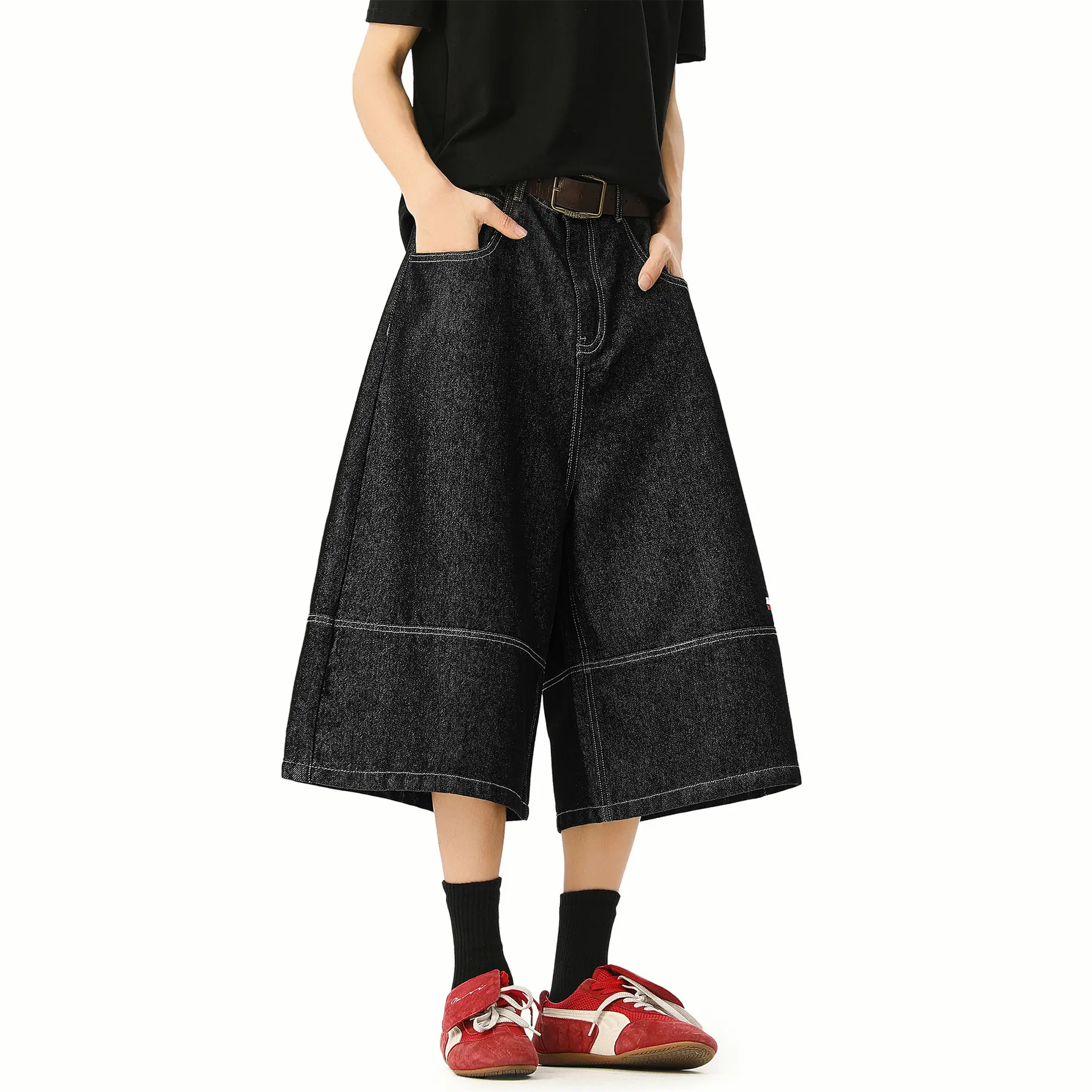 Men's Japanese Retro Denim Cropped Pants Dark Blue