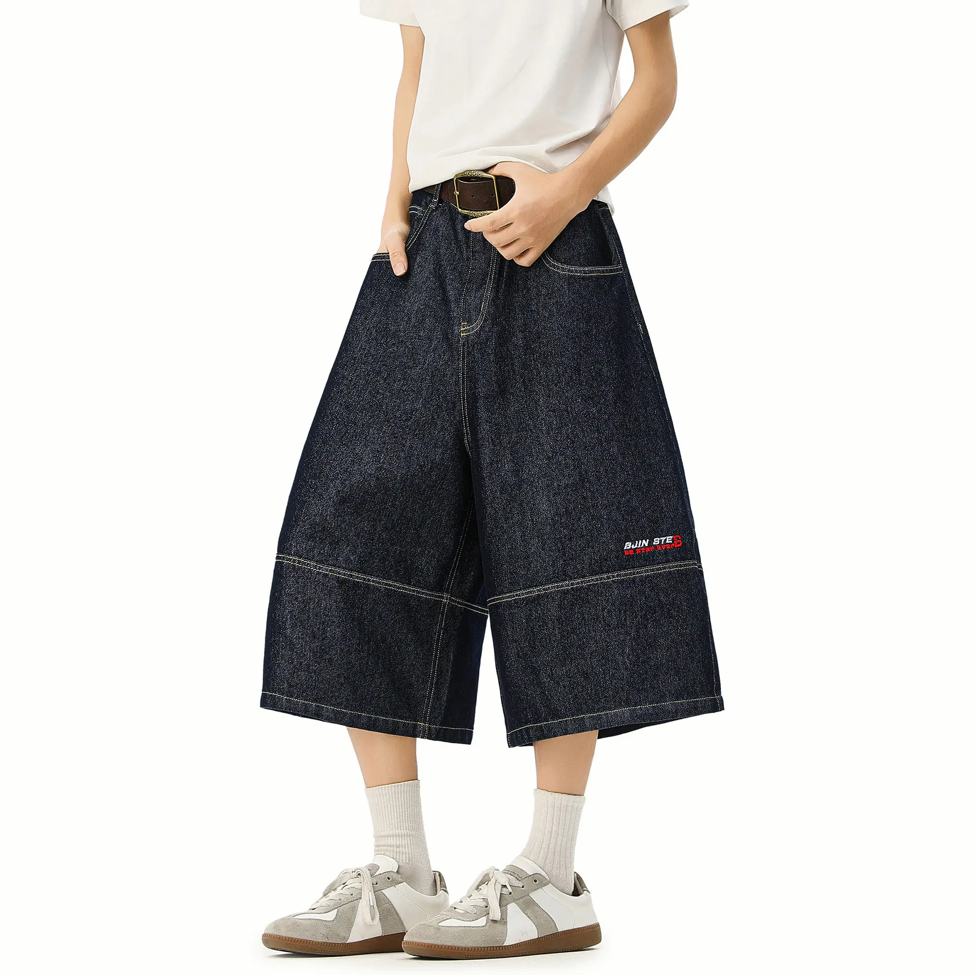 Men's Japanese Retro Denim Cropped Pants Dark Blue