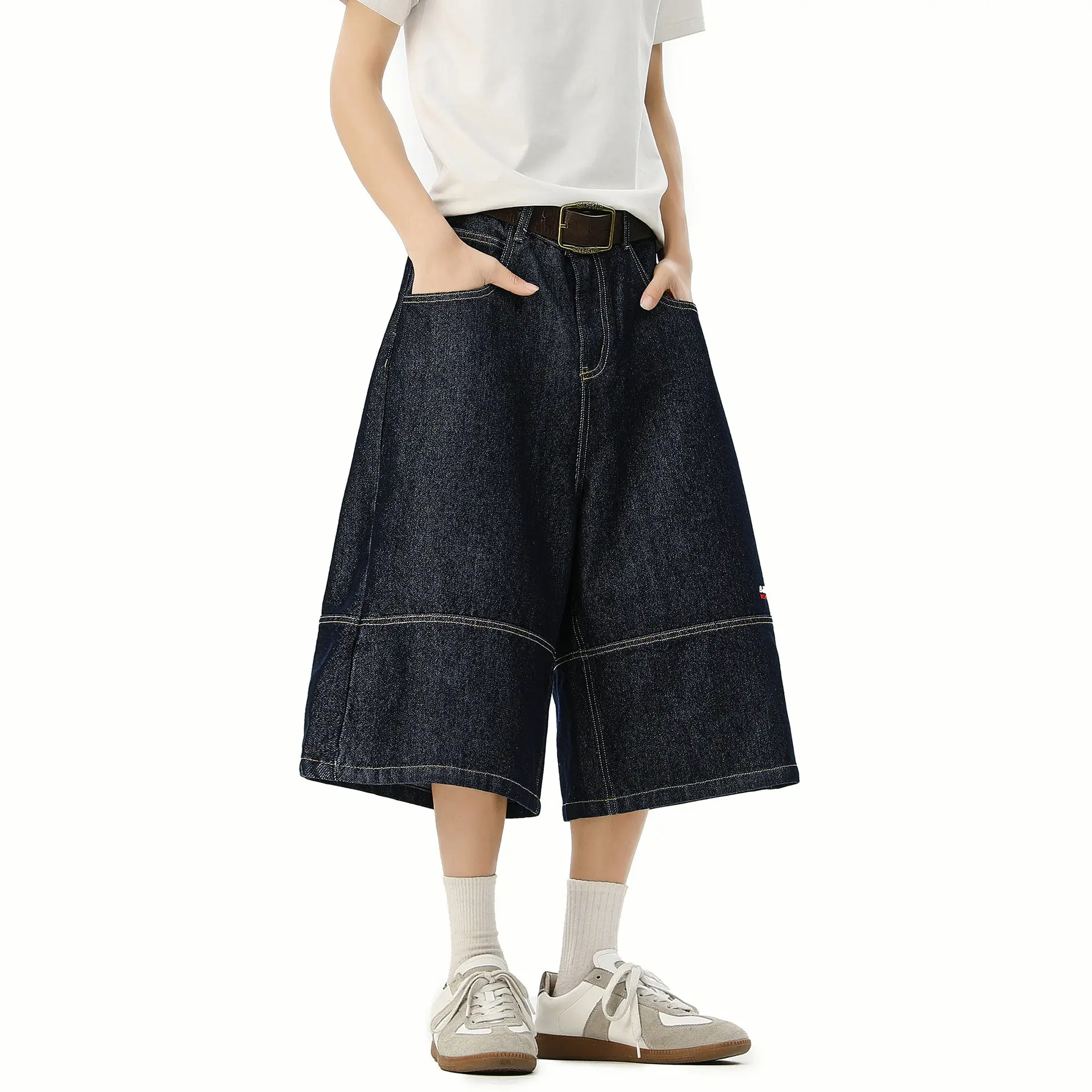 Men's Japanese Retro Denim Cropped Pants Dark Blue