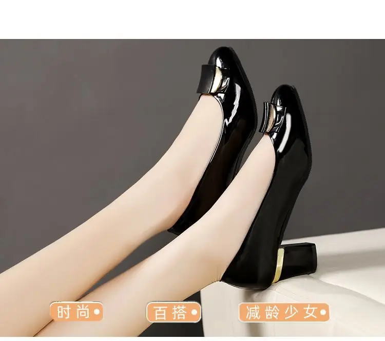 Women's Leather Shoes 2025 New Thick Heel Women's Flats Versatile Set Foot Medium Heel Rhinestone Professional Work Shoes Four Seasons Flats — feature 14