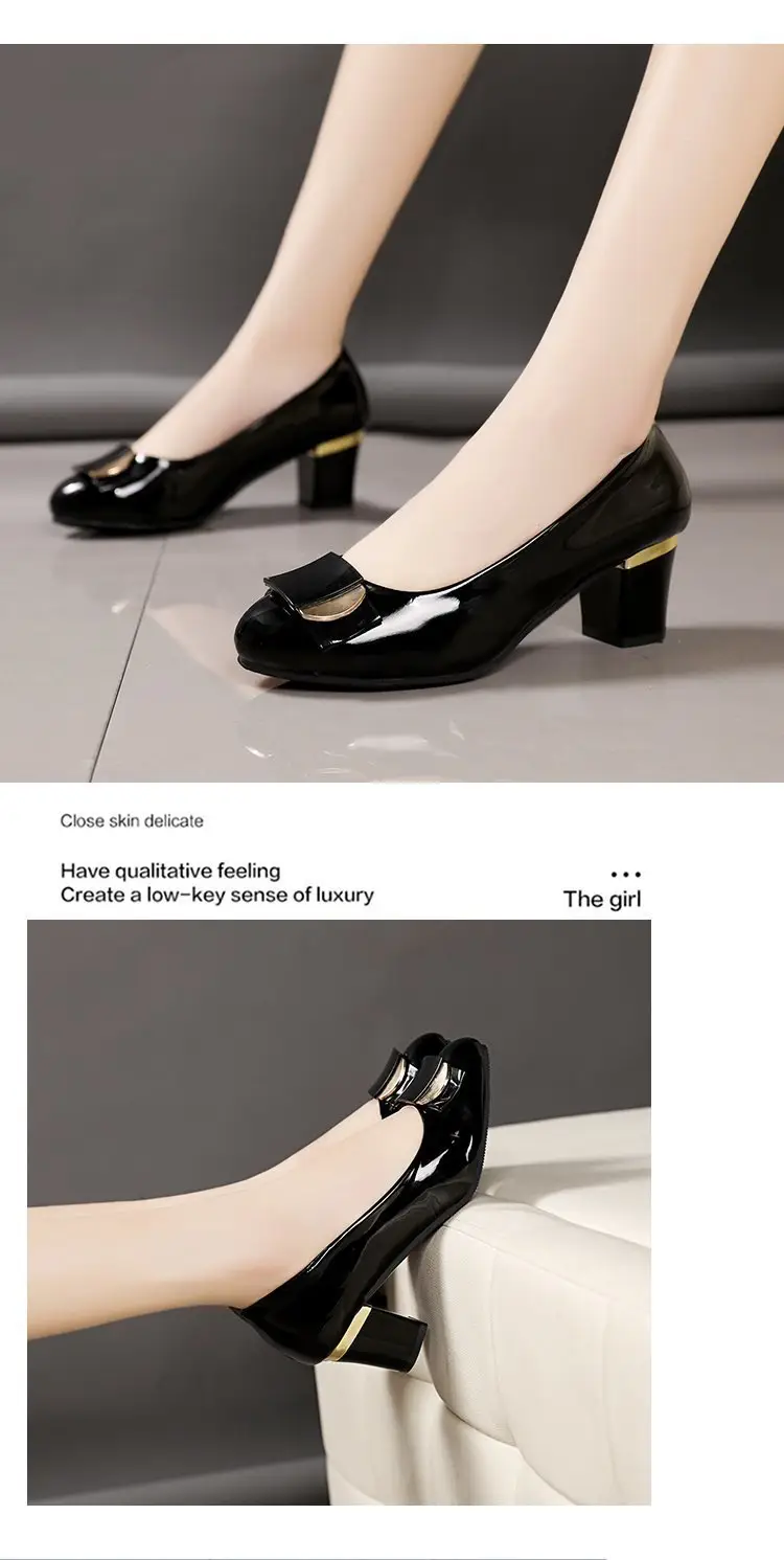 Women's Leather Shoes 2025 New Thick Heel Women's Flats Versatile Set Foot Medium Heel Rhinestone Professional Work Shoes Four Seasons Flats — feature 15
