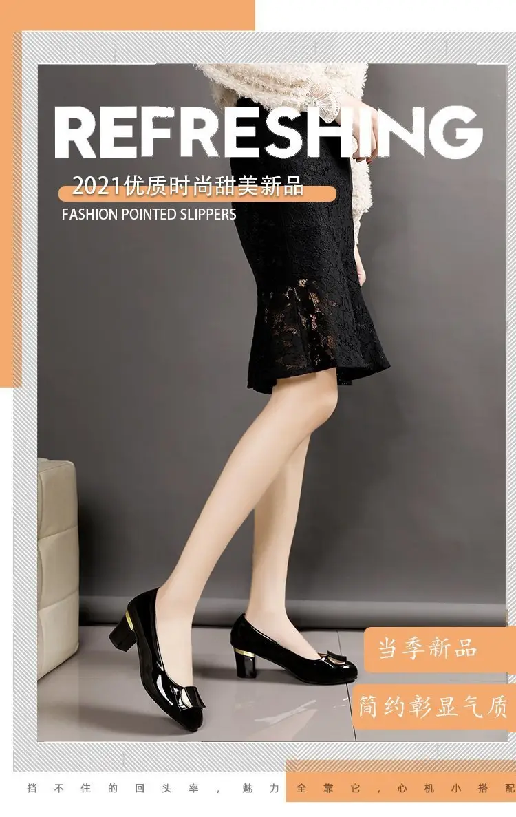 Women's Leather Shoes 2025 New Thick Heel Women's Flats Versatile Set Foot Medium Heel Rhinestone Professional Work Shoes Four Seasons Flats — feature 16
