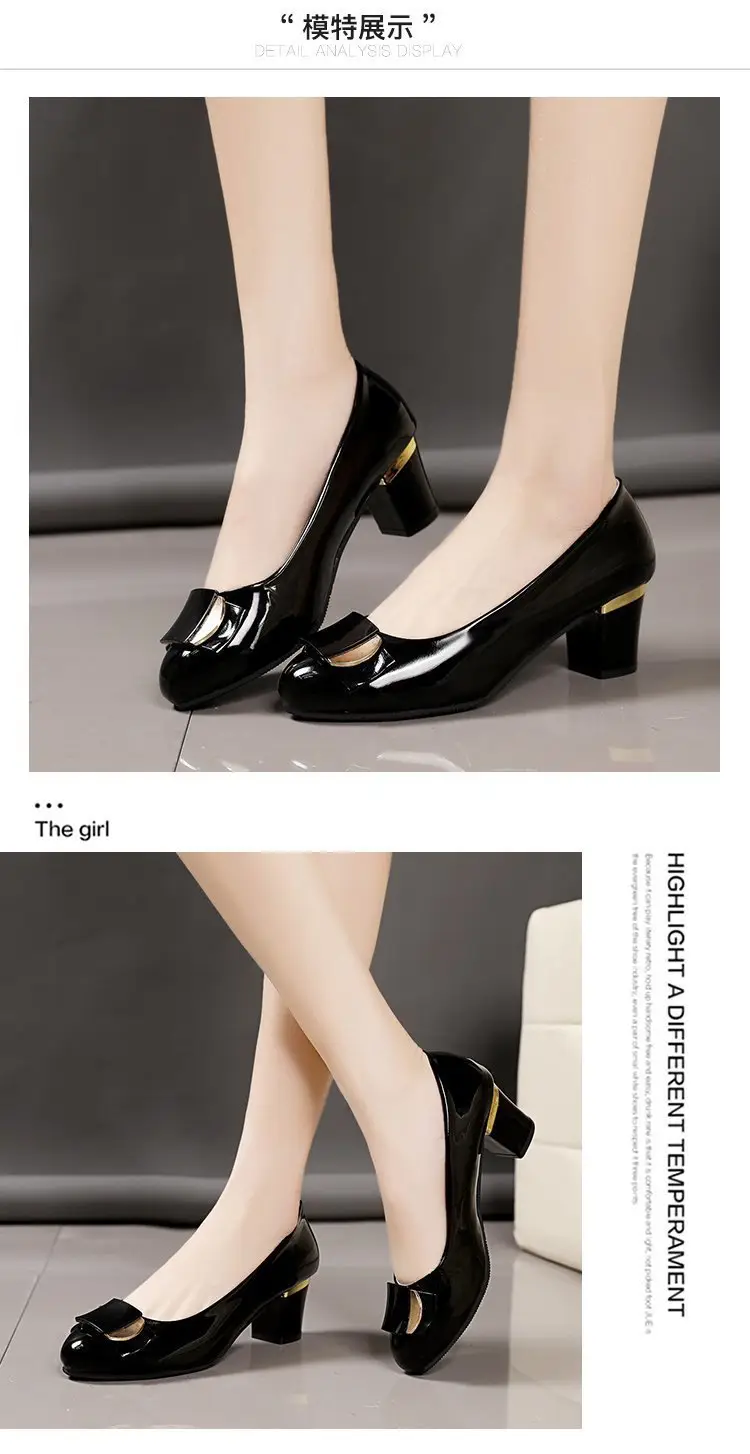 Women's Leather Shoes 2025 New Thick Heel Women's Flats Versatile Set Foot Medium Heel Rhinestone Professional Work Shoes Four Seasons Flats — feature 2