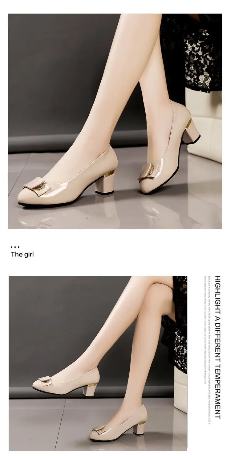 Women's Leather Shoes 2025 New Thick Heel Women's Flats Versatile Set Foot Medium Heel Rhinestone Professional Work Shoes Four Seasons Flats — feature 8