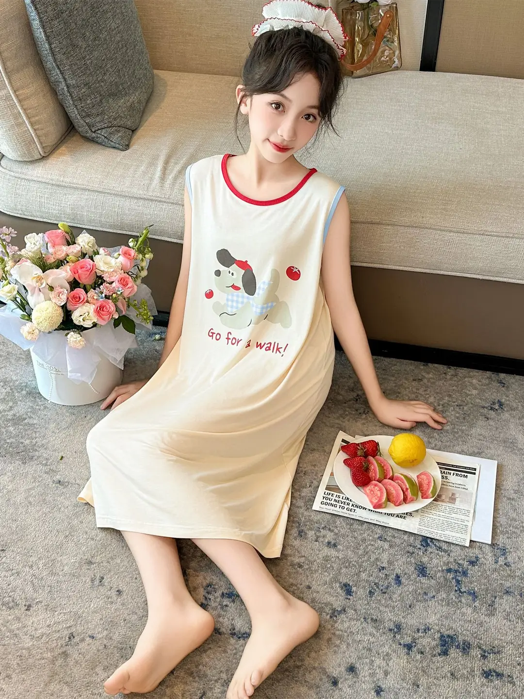 Children's Nightdress Summer Modal Girl Class A Girl New Cartoon Puppy Sleeveless Vest Sling Home Dress