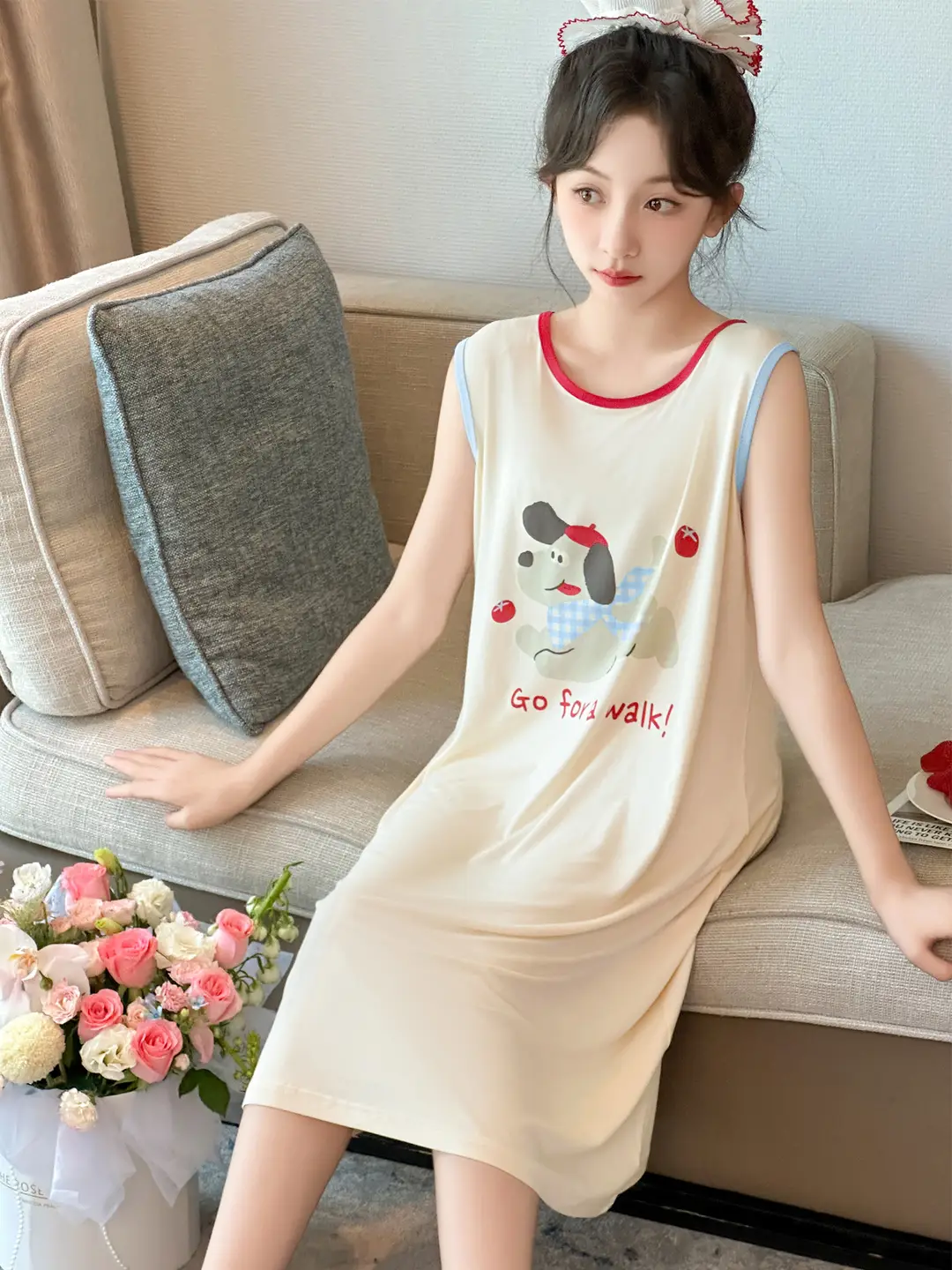 Children's Nightdress Summer Modal Girl Class A Girl New Cartoon Puppy Sleeveless Vest Sling Home Dress