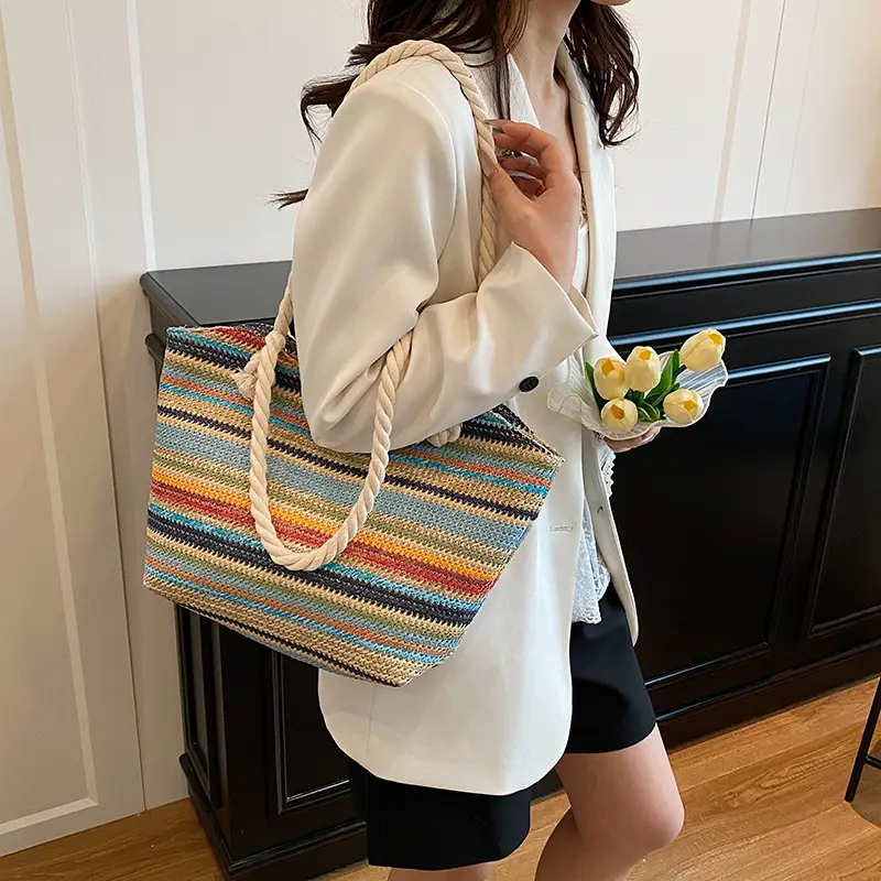 Rainbow Striped Women's Tote Bag Large Capacity - Image 2