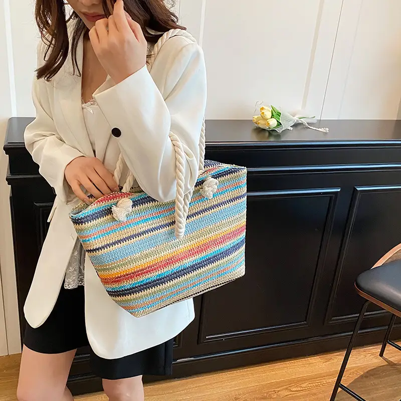Rainbow Striped Women's Tote Bag Large Capacity - Image 3