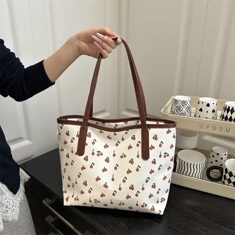 Women's Printed Textured Tote Bag Large Capacity Brown White - Image 3