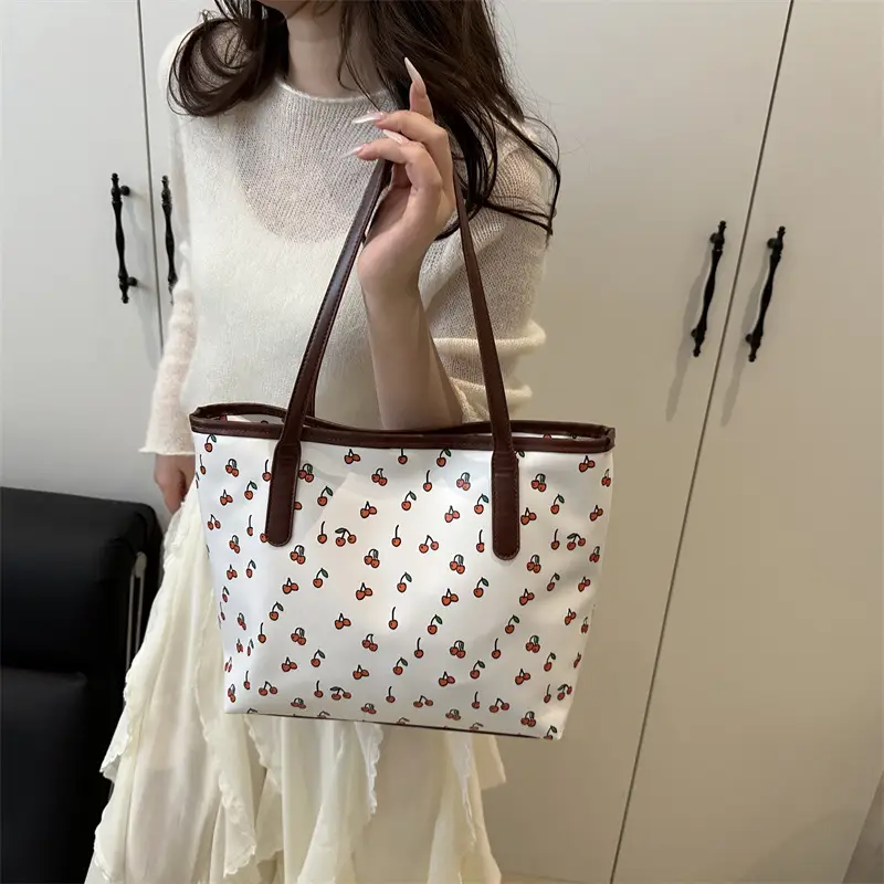 Women's Printed Textured Tote Bag Large Capacity Brown White - Image 5
