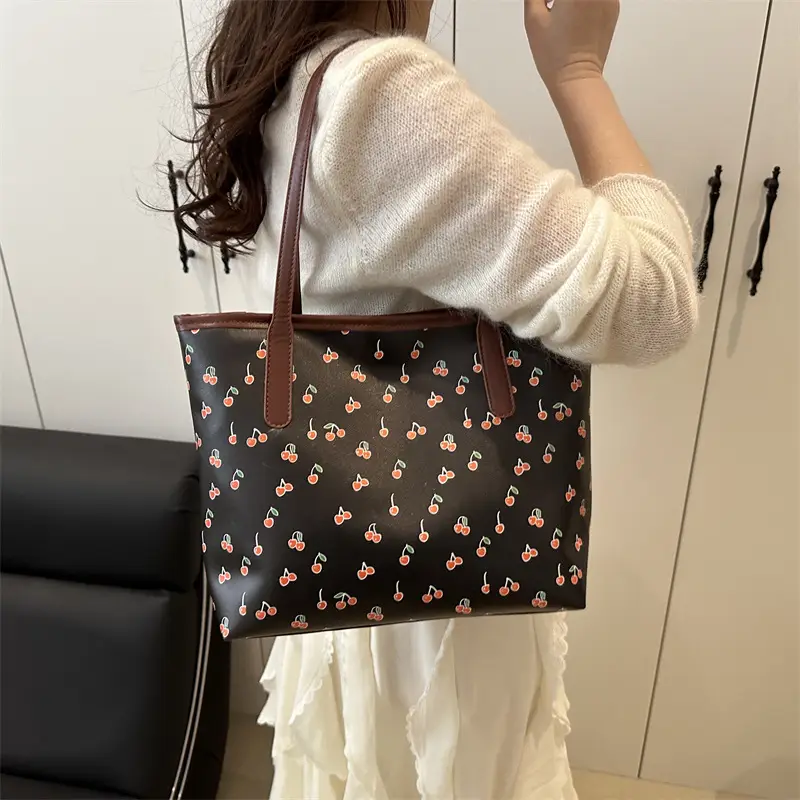Women's Printed Textured Tote Bag Large Capacity Brown White - Image 6