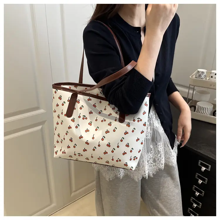 Women's Printed Textured Tote Bag Large Capacity Brown White — feature 10