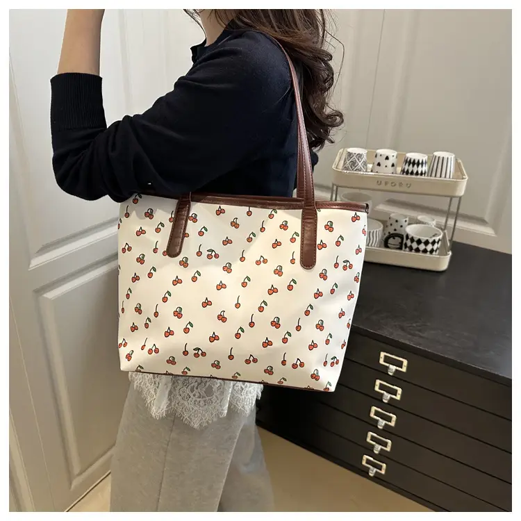 Women's Printed Textured Tote Bag Large Capacity Brown White — feature 11
