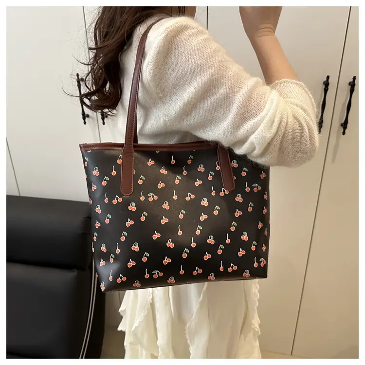 Women's Printed Textured Tote Bag Large Capacity Brown White — feature 13