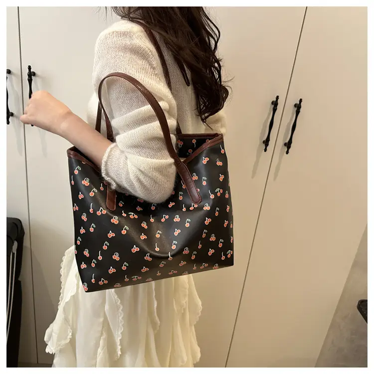 Women's Printed Textured Tote Bag Large Capacity Brown White — feature 14