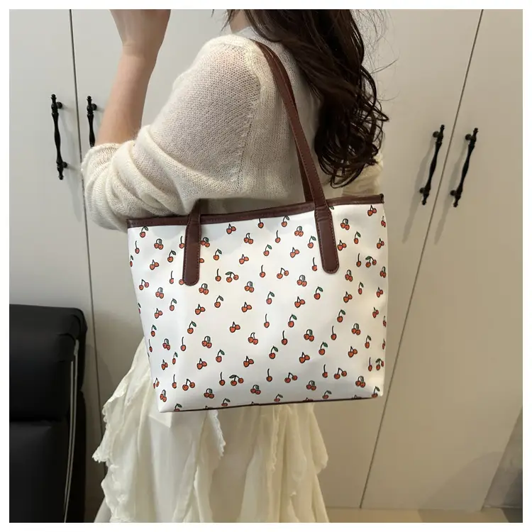 Women's Printed Textured Tote Bag Large Capacity Brown White — feature 17