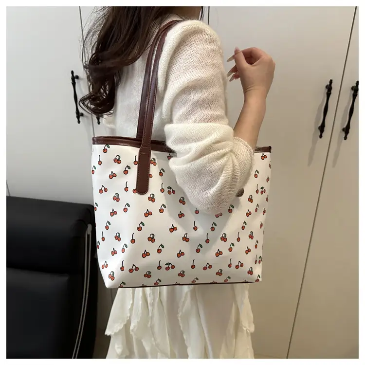Women's Printed Textured Tote Bag Large Capacity Brown White — feature 18