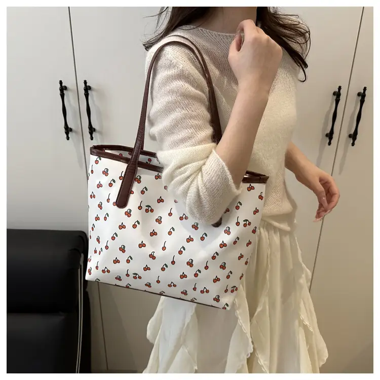 Women's Printed Textured Tote Bag Large Capacity Brown White — feature 19