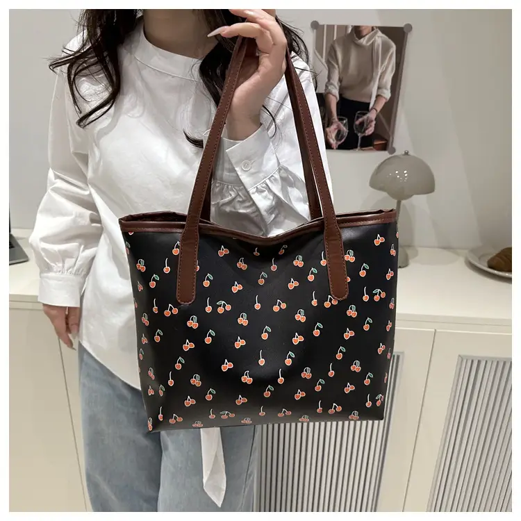 Women's Printed Textured Tote Bag Large Capacity Brown White — feature 20