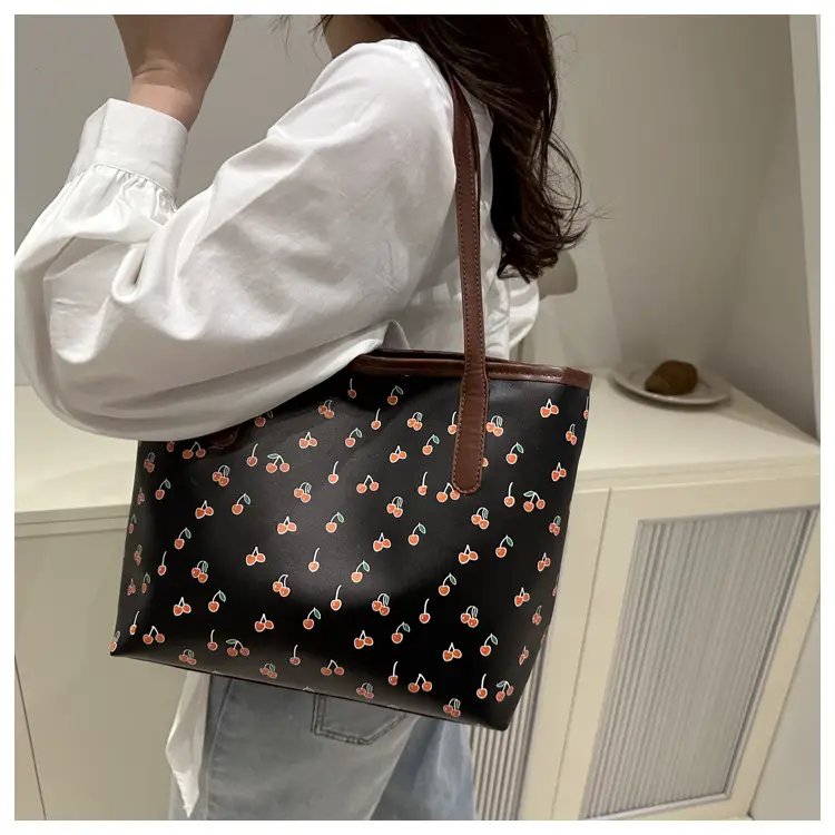 Women's Printed Textured Tote Bag Large Capacity Brown White — feature 21