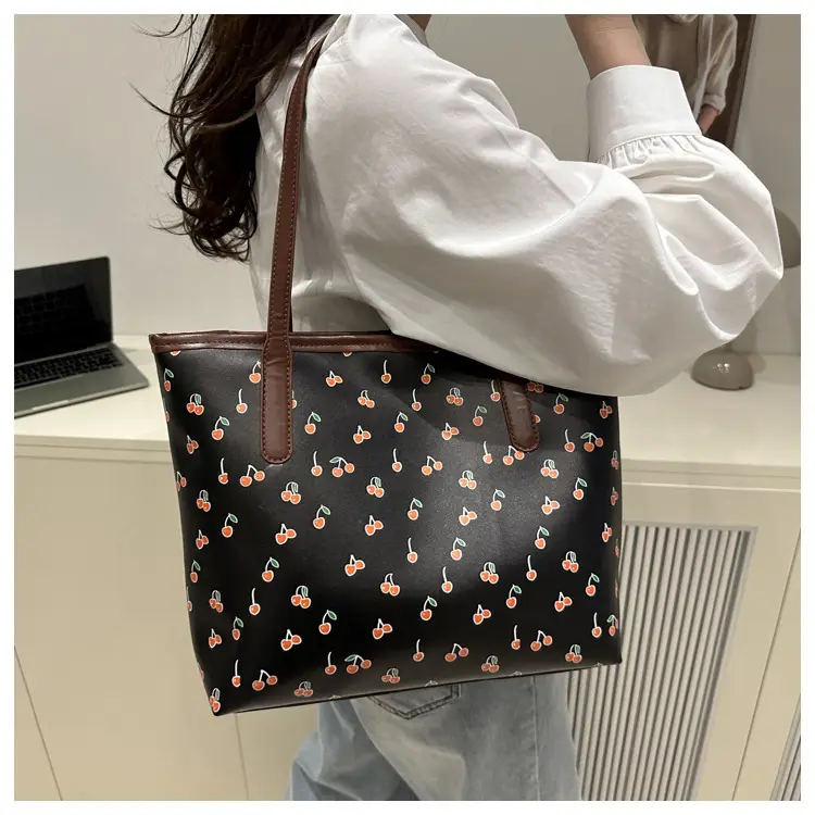 Women's Printed Textured Tote Bag Large Capacity Brown White — feature 22