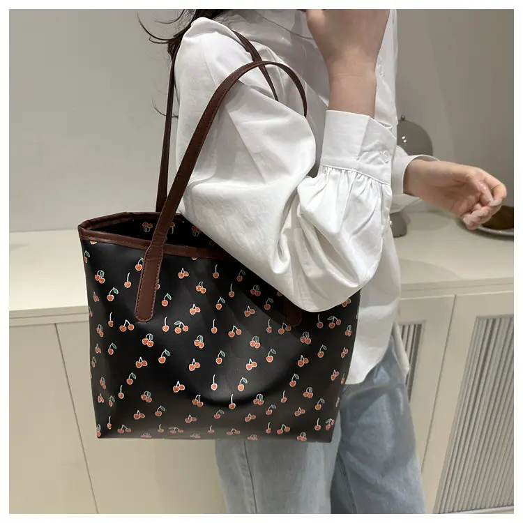 Women's Printed Textured Tote Bag Large Capacity Brown White — feature 23