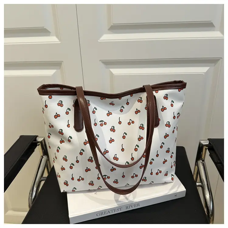 Women's Printed Textured Tote Bag Large Capacity Brown White — feature 24