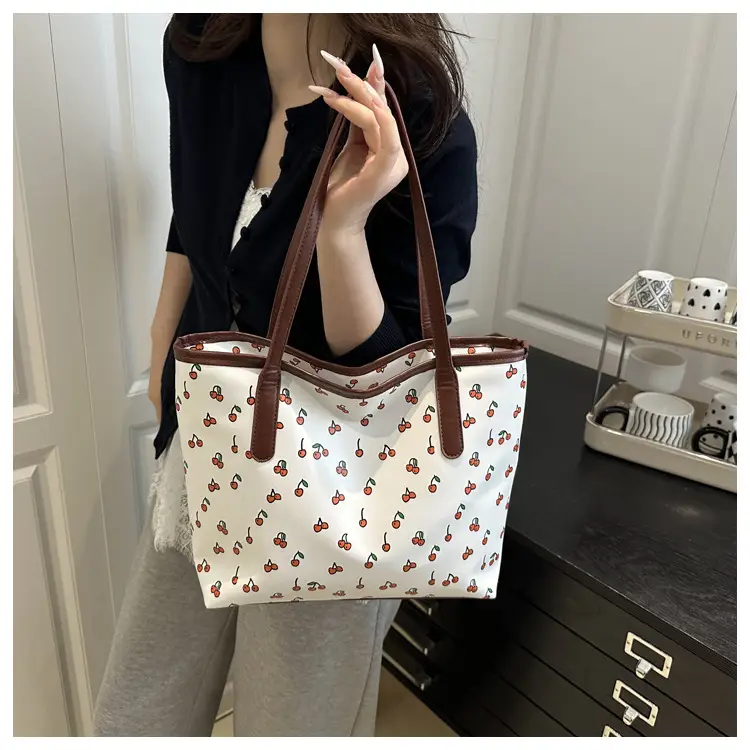 Women's Printed Textured Tote Bag Large Capacity Brown White — feature 8