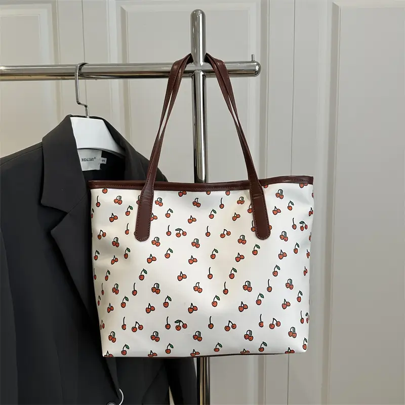 Women's Printed Textured Tote Bag Large Capacity Brown White - Image 2