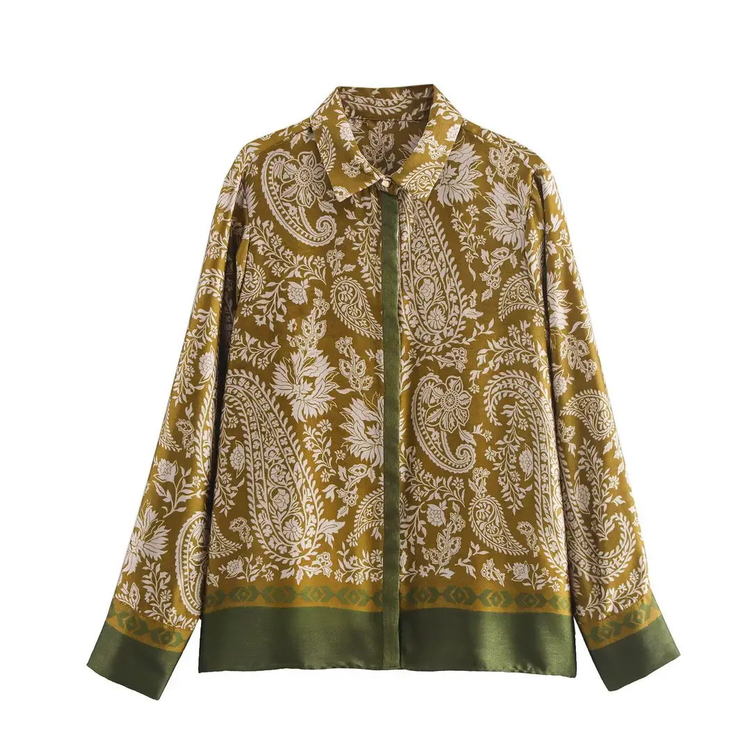 PB & ZA Women's Cross-border Fashion Printed Lapel-breasted Long-sleeved Shirt Pants Satin suit 8956192 — feature 4