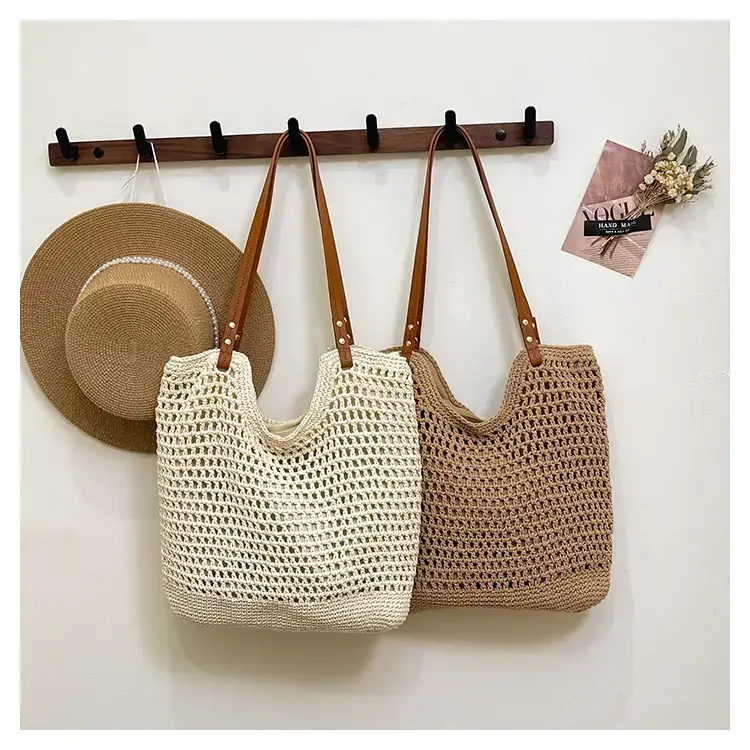 Women's Cross-Corner Straw Tote Bag with Leather Strap — feature 1