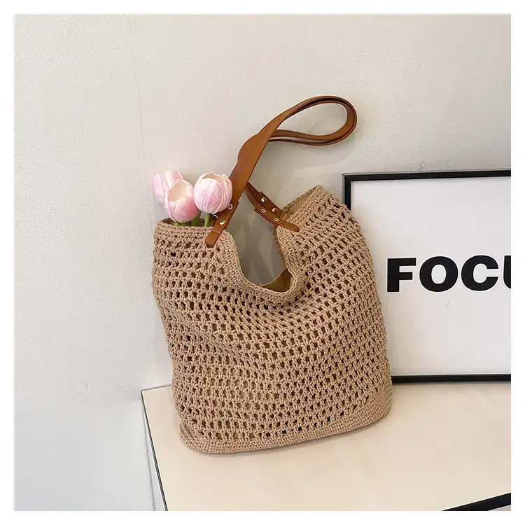 Women's Cross-Corner Straw Tote Bag with Leather Strap — feature 10