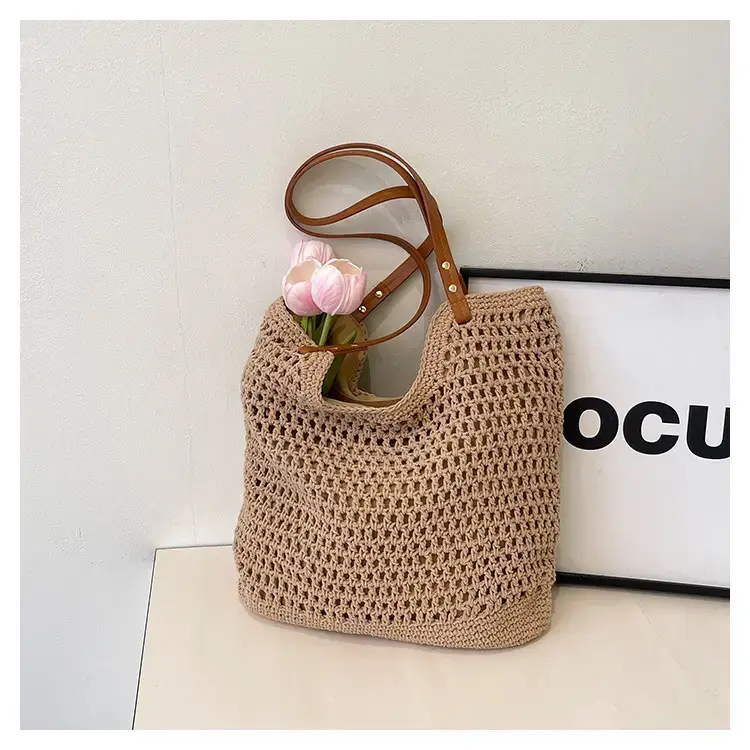 Women's Cross-Corner Straw Tote Bag with Leather Strap — feature 11
