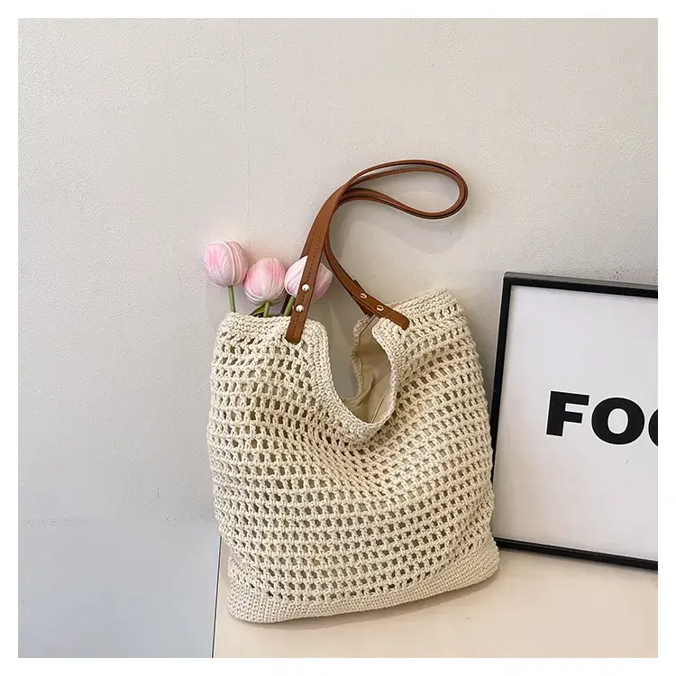 Women's Cross-Corner Straw Tote Bag with Leather Strap — feature 14