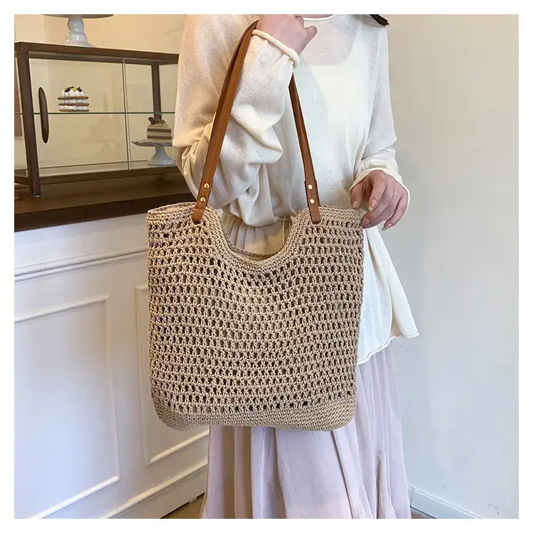 Women's Cross-Corner Straw Tote Bag with Leather Strap — feature 16