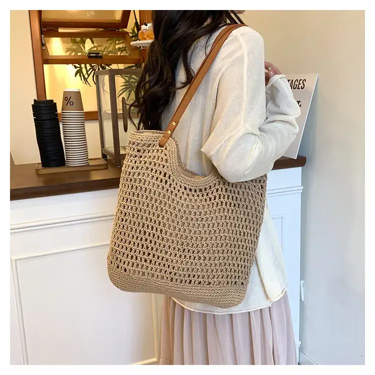 Women's Cross-Corner Straw Tote Bag with Leather Strap — feature 17