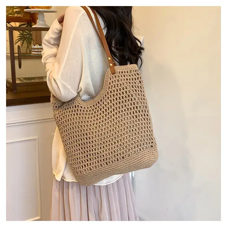 Women's Cross-Corner Straw Tote Bag with Leather Strap — feature 18
