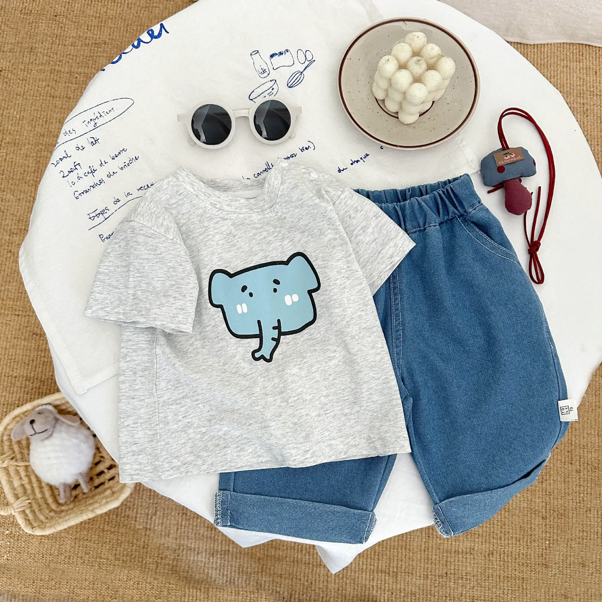 Baby Elephant Print Shorts Suit for Boys Blue - Image 3