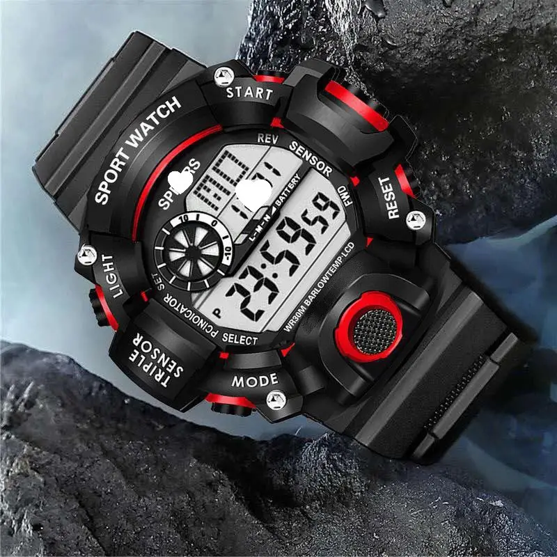 Multifunctional Sports Watch for Men Women Black Red Digital Display