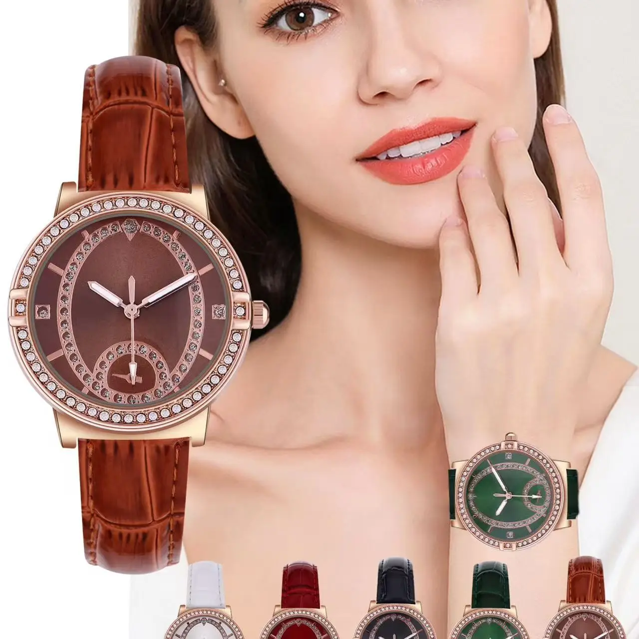 Women's Cross-Border European Watch with Diamond Dial & Brown Strap