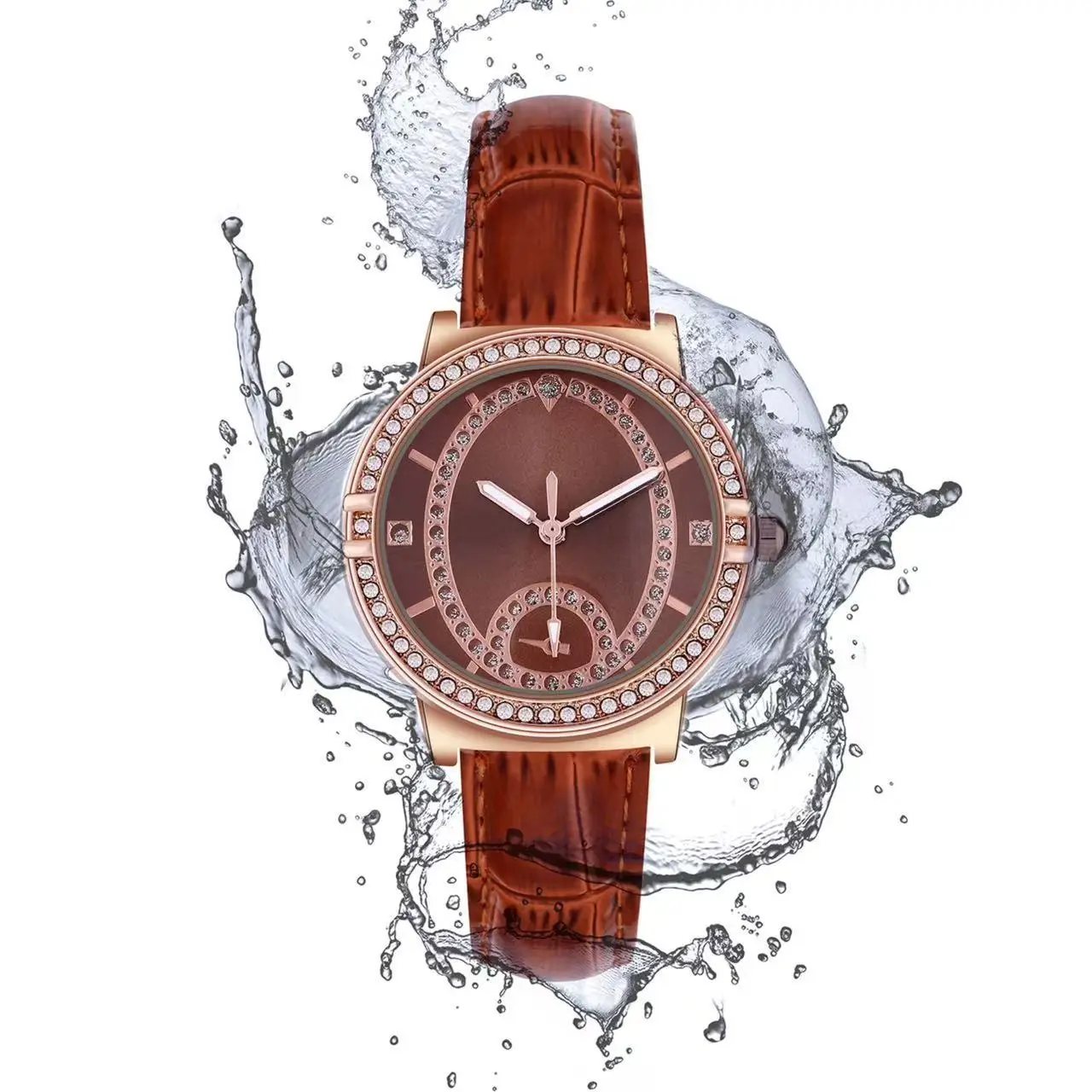 Women's Cross-Border European Watch with Diamond Dial & Brown Strap