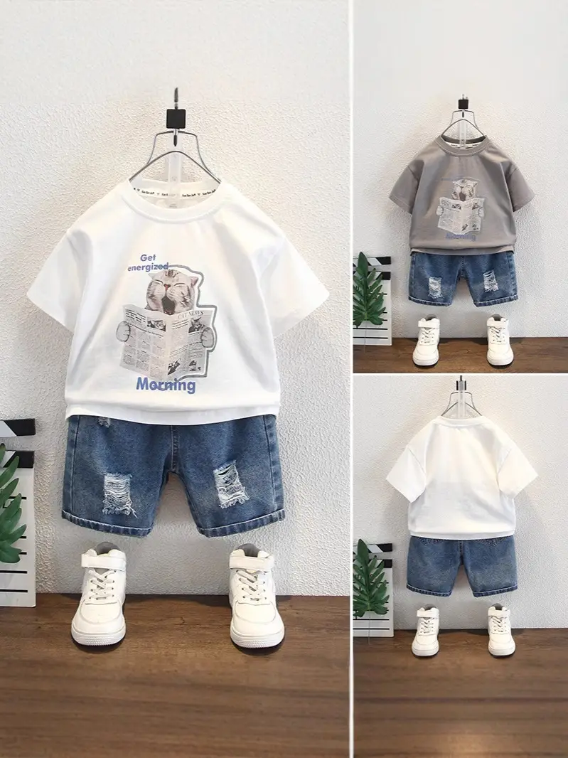 Boys Grey Cartoon T-Shirt Shorts Set Summer - Image 7