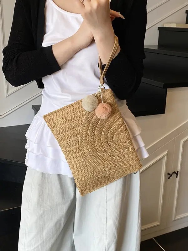 Women Straw Crossbody Bag with Pom Pom - Image 5