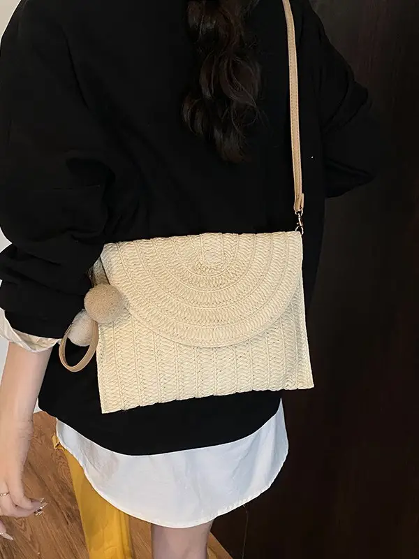 Women Straw Crossbody Bag with Pom Pom - Image 6