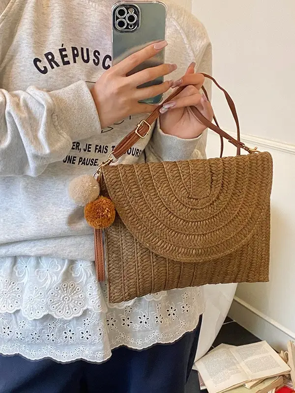Women Straw Crossbody Bag with Pom Pom - Image 7