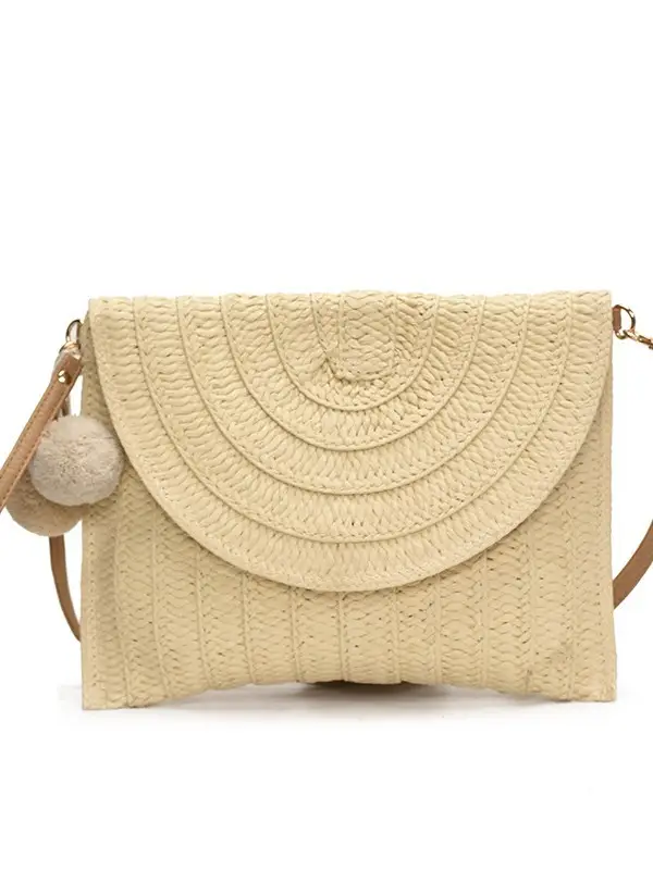 Women Straw Crossbody Bag with Pom Pom - Image 8