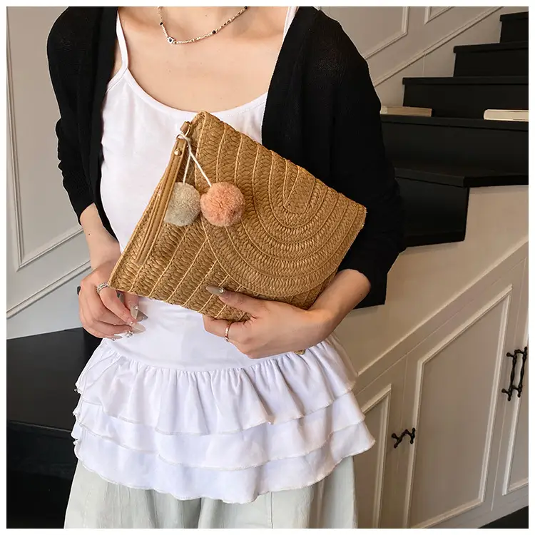 Women Straw Crossbody Bag with Pom Pom — feature 7