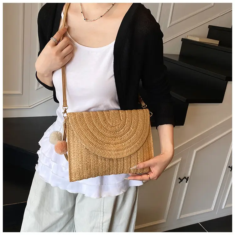 Women Straw Crossbody Bag with Pom Pom — feature 9
